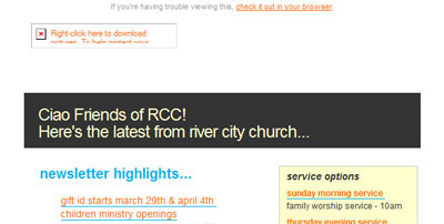 Newsletter de l'église de River City Church avec les images désactivées.